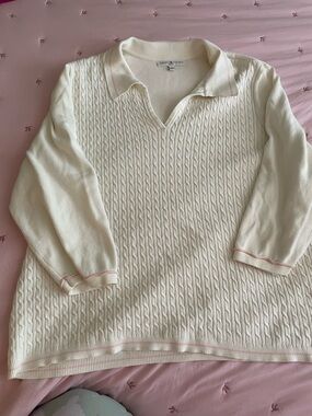 Women’s Tommy Hilfiger Cable-Knit Polo Sweater in Cream with Pink Trim